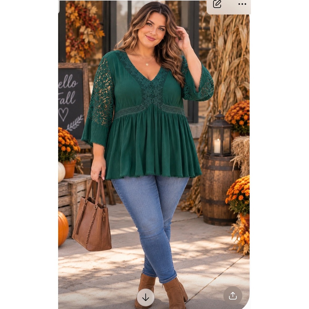 Torrid Green Lace Crochet Babydoll Blouse Bell Sleeve Rayon Top Size 1 Large XL